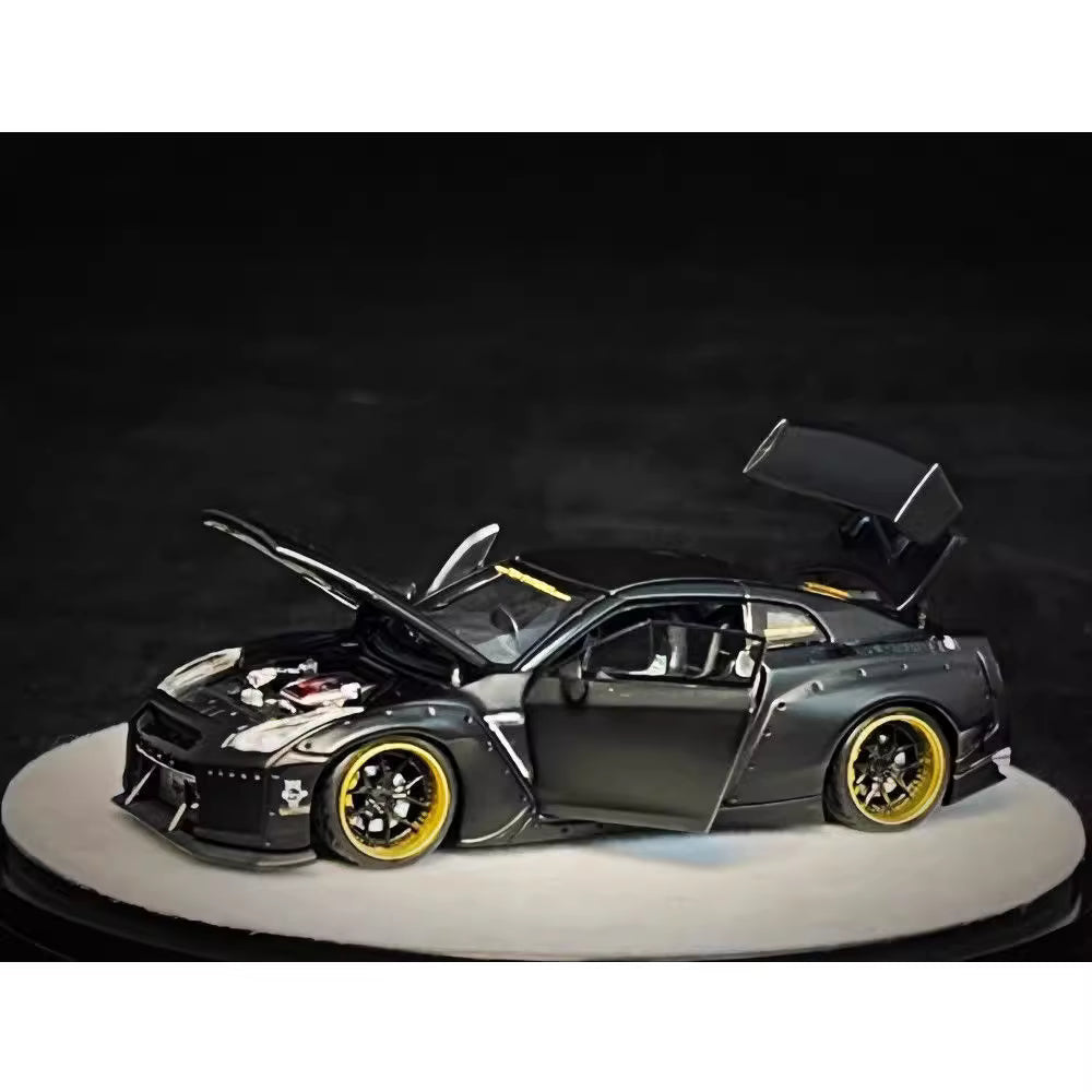 PGM 1:64 Nissan Skyline GT-R R35 Pandem Rocket Bunny Matt Black with Separated Display Engine Limited 999 Pieces (Premium Round Box Packaging)