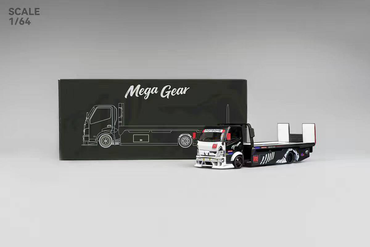 Micro Turbo 1:64 Mega Gear Hino 300 Series MK2 Custom Extendable Tow Truck Flatbed Livery Skeleton Dinosaur Black and White