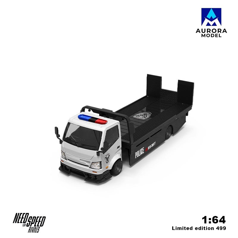 Aurora Model 1:64 Hino H300 Flat bed Transport Trailer Truck Extendable Flat Bed Need For Speed Rivals Edition + Ferrari F40 Need For Speed Rivals Police Car + Resin Policeman Figure Full Set