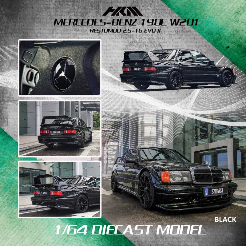 HKM 1:64 Mercedes-Benz 190E W201 2.5-16 EVO II Restmod Custom Gloss Black Limited 999 Pieces