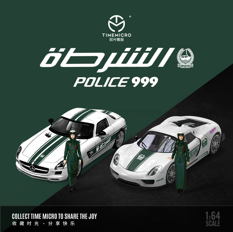 Time Micro 1/64 Mercedes Benz SLS Dubai Police Car with Police Woman Model Figure