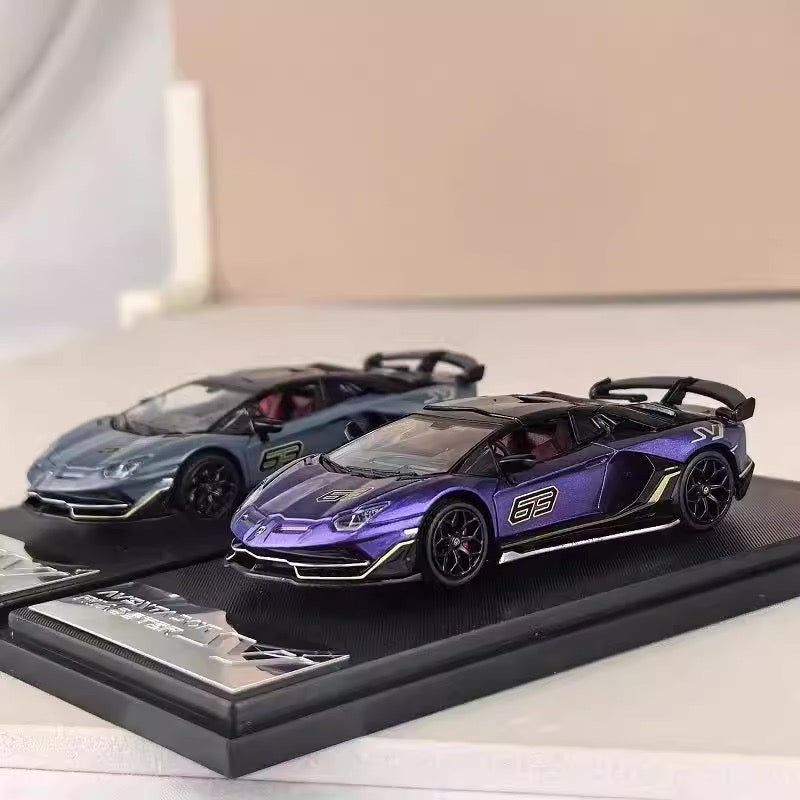 Rhino Model 1:64 Lamborghini Aventador SVJ Removable Roof Metallic Grey Blue