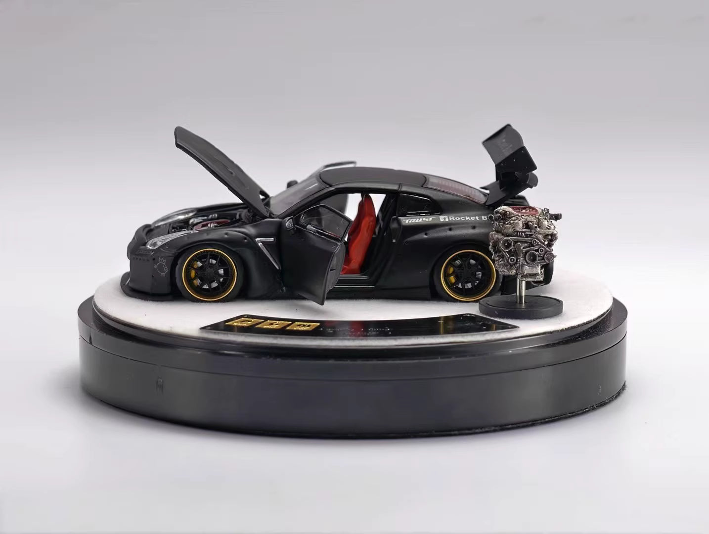 PGM 1:64 Nissan Skyline GT-R R35 Pandem Rocket Bunny Matt Black with Separated Display Engine Limited 999 Pieces (Premium Round Box Packaging)