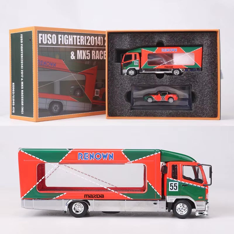 Shadow Pro 1:64 Mitsubishi Fuso Fighter MK2 FK 2017 Outriggers Raised Transparent Truck + Mazda MX-5 NC Le Mans Champion 787b Orange Green Limited 999 Pieces -2 Car Set