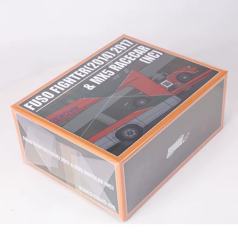 Shadow Pro 1:64 Mitsubishi Fuso Fighter MK2 FK 2017 Outriggers Raised Transparent Truck + Mazda MX-5 NC Le Mans Champion 787b Orange Green Limited 999 Pieces -2 Car Set