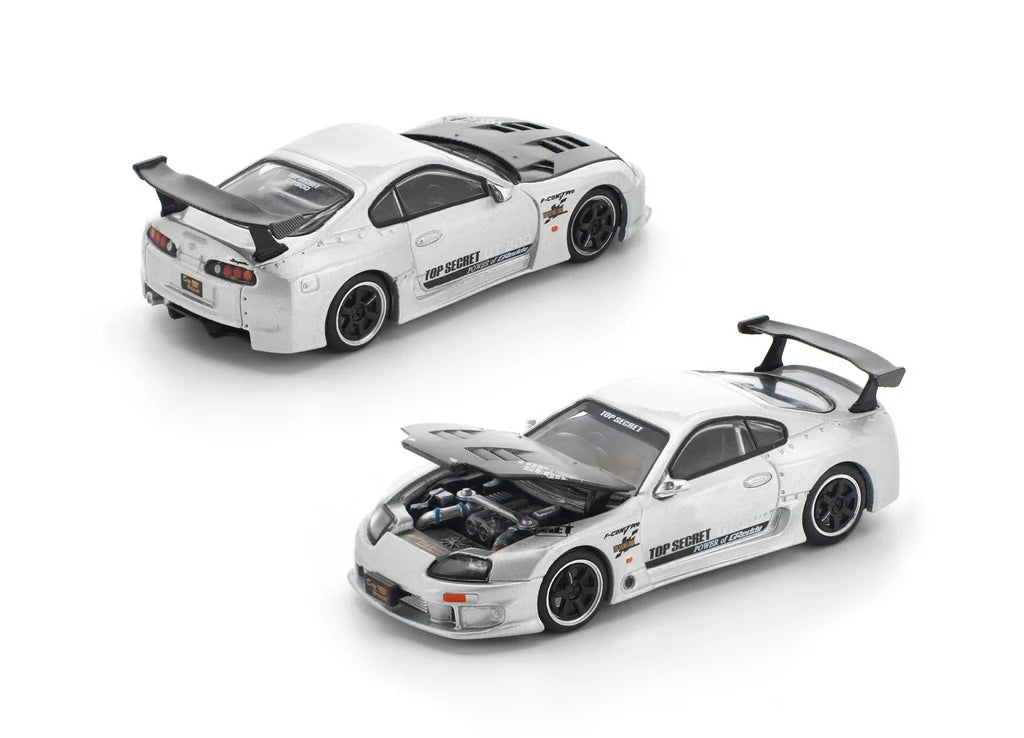 Pop Race 1:64 Top Secret GT300 Supra A80 Silver Carbon Hood Openable Front Hood Detailed Engine (PR640324)