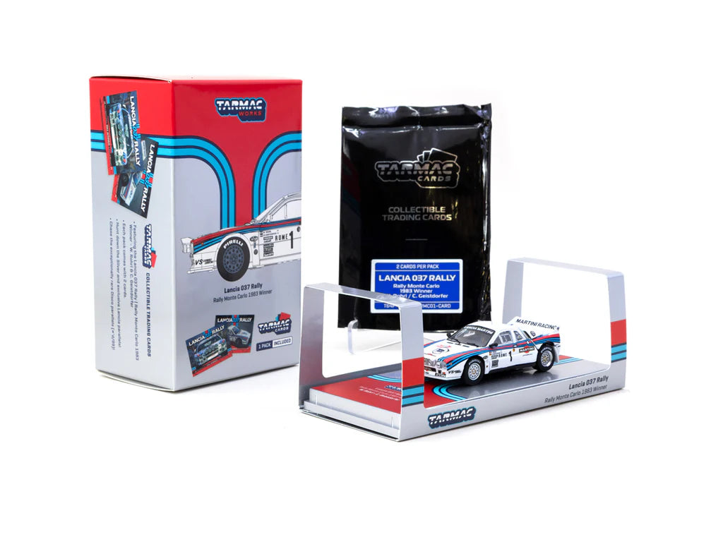 Tarmac Works 1/64 Lancia 037 Rally Rally Monte Carlo 1983 #1 Winner, W. Rohrl / C. Geistdorfer with Tarmac Cards - HOBBY64+