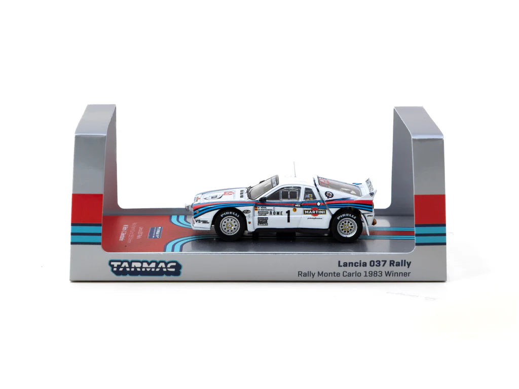 Tarmac Works 1/64 Lancia 037 Rally Rally Monte Carlo 1983 #1 Winner, W. Rohrl / C. Geistdorfer with Tarmac Cards - HOBBY64+