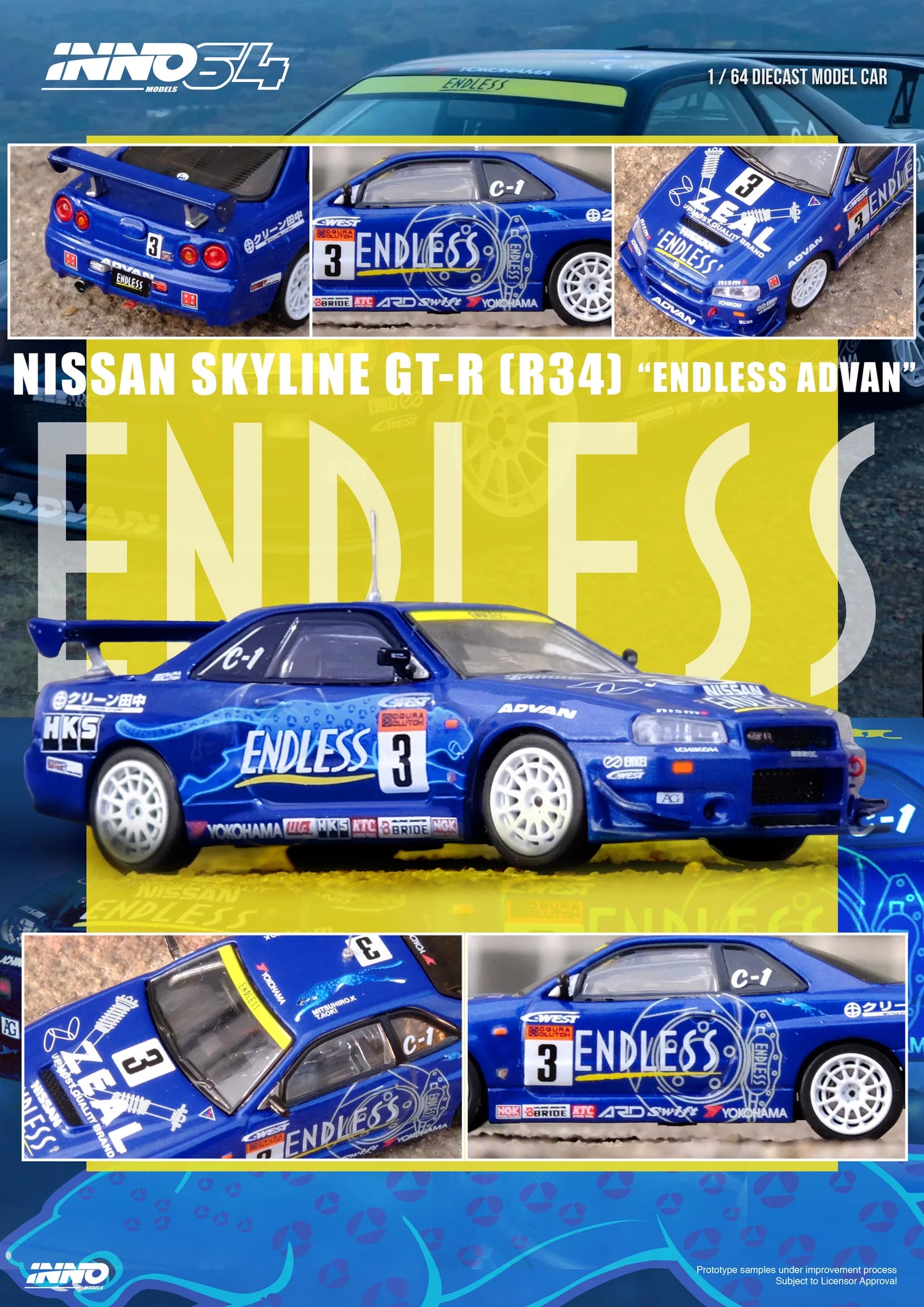 INNO64 1:64 NISSAN SKYLINE GT-R (R34) #3 ENDLESS ADVAN 2002 (IN64-R34-STS02W)