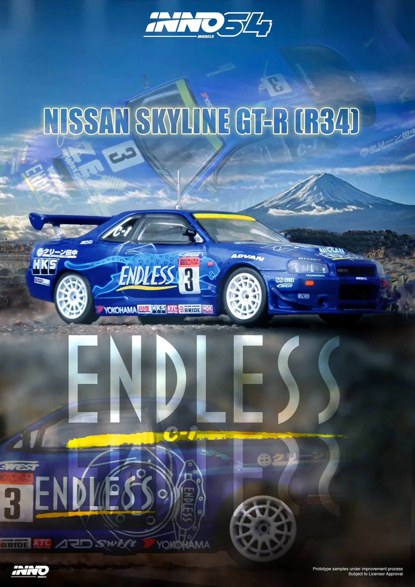 INNO64 1:64 NISSAN SKYLINE GT-R (R34) #3 ENDLESS ADVAN 2002 (IN64-R34-STS02W)