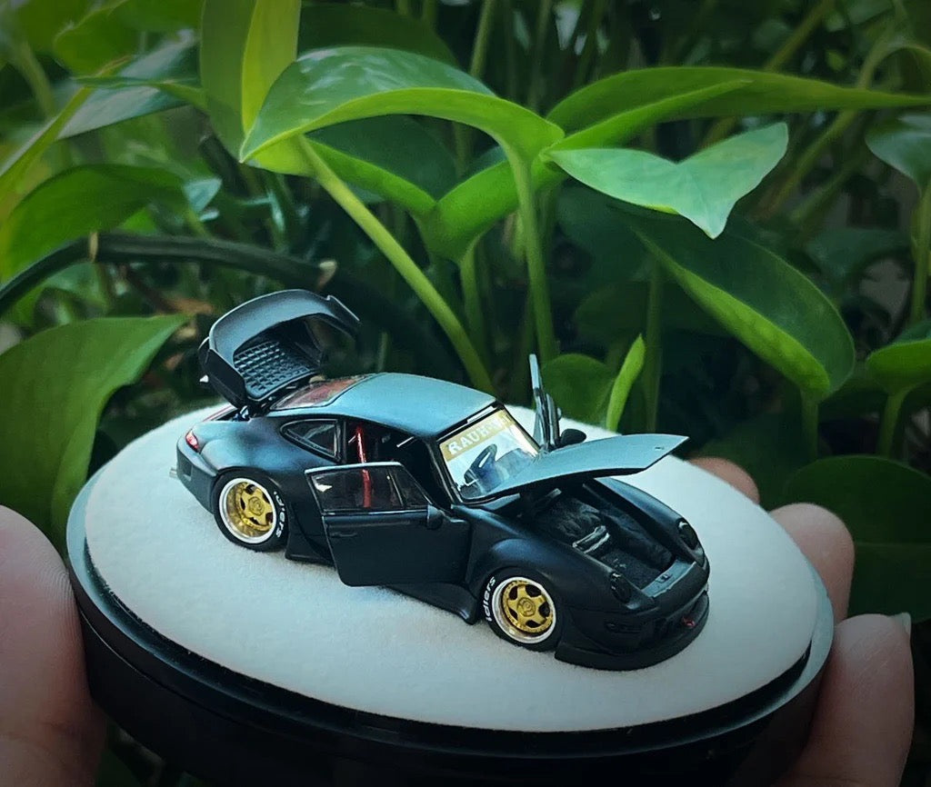 PGM 1:64 Porsche RWB 993 Wide Body Custom GT Wing Spoiler Matt Black Golden Wheels with All Openable Doors and Hoods Limited 999 Pieces Premium Round Box Packaging