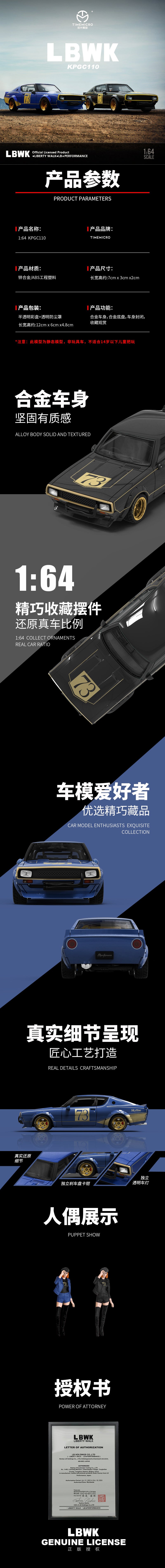 Time Micro 1/64 Nissan Skyline 2000GT-R KPGC110 LBWK Liberty Walk #73 Blue with model girl miniature figure