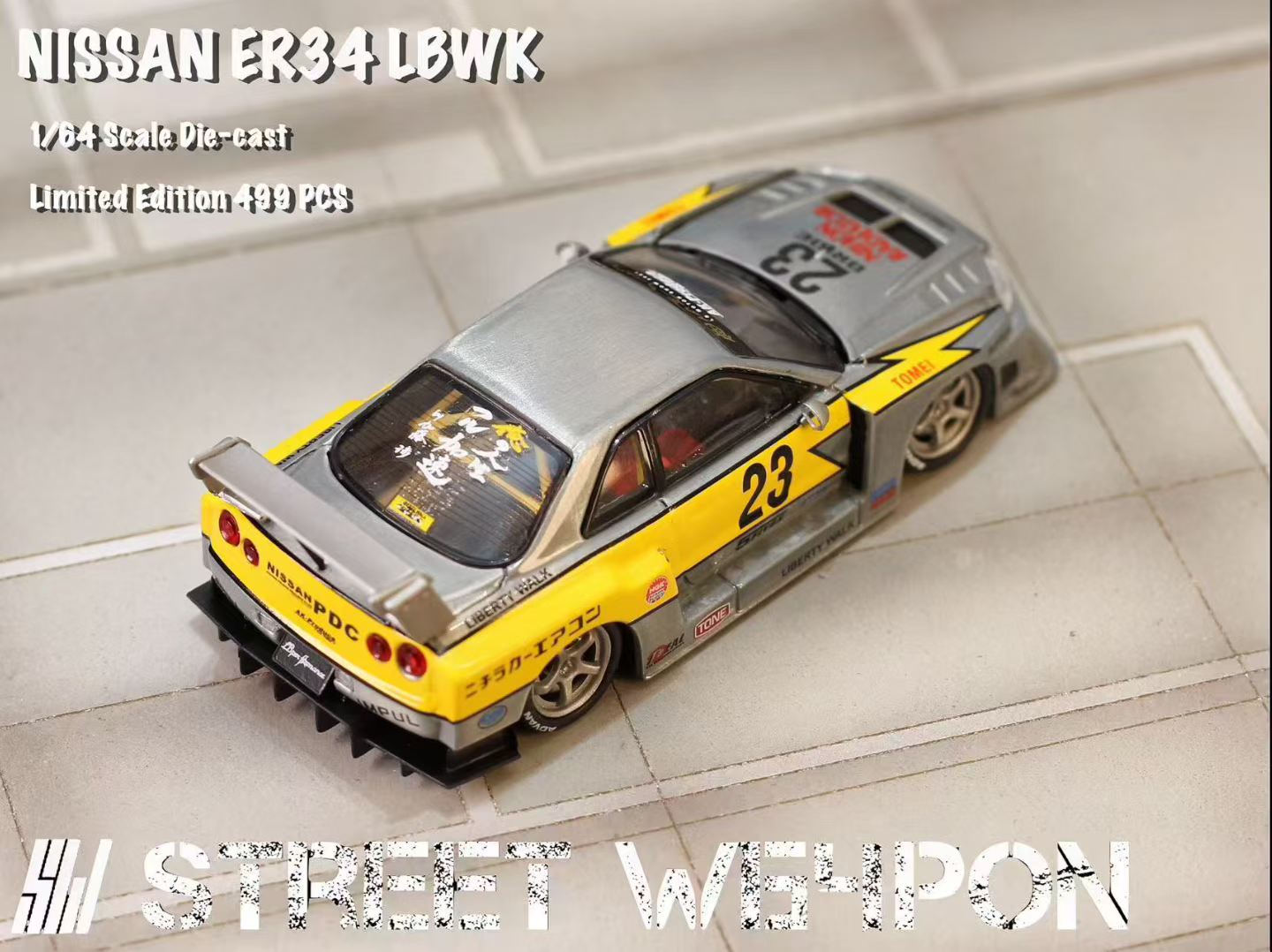 Street Weapon 1/64 Nissan Skyline GT-R R34 ER34 LBWK Super Silhouette #23 Raw Lightening Edition Openable Engine Hood Detailed Engine Limited 499 Pieces