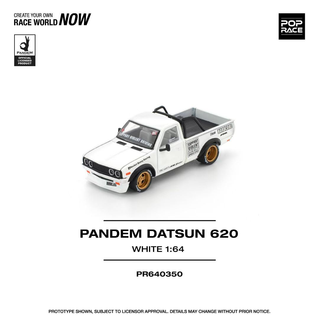 Pop Race 1/64 PANDEM Datsun 620 Pick Up Truck White Openable Front Hood Detailed Engine (PR640350)
