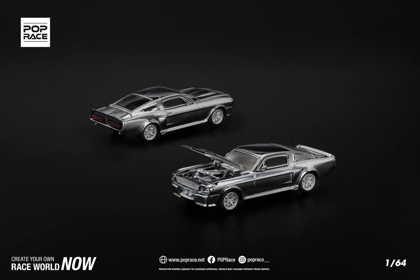 Pop Race 1:64 Shelby Mustang GT500 Silver Chrome Opening Front & Rear Detailed Engine (PR640312)