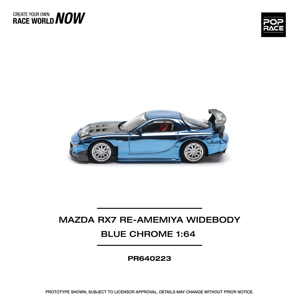 Pop Race 1:64 Mazda RX-7 FD3S Re-Amemiya Wide Body Blue Chrome Openable Front Hood Detailed Engine (PR640223)