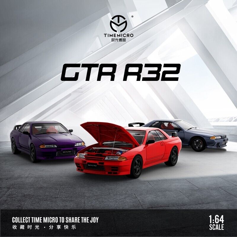 Time Micro 1/64 Nissan Skyline GT-R R32 Open Bonnet Engine Hood Metallic Red w/ Model Girl Miniature Figure