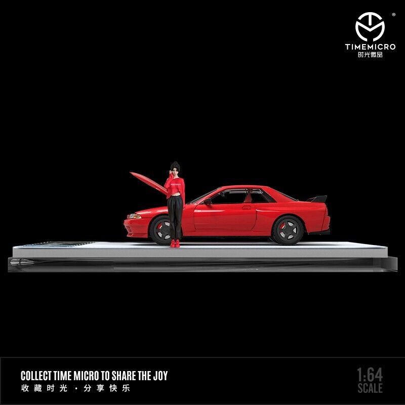 Time Micro 1/64 Nissan Skyline GT-R R32 Open Bonnet Engine Hood Metallic Red w/ Model Girl Miniature Figure