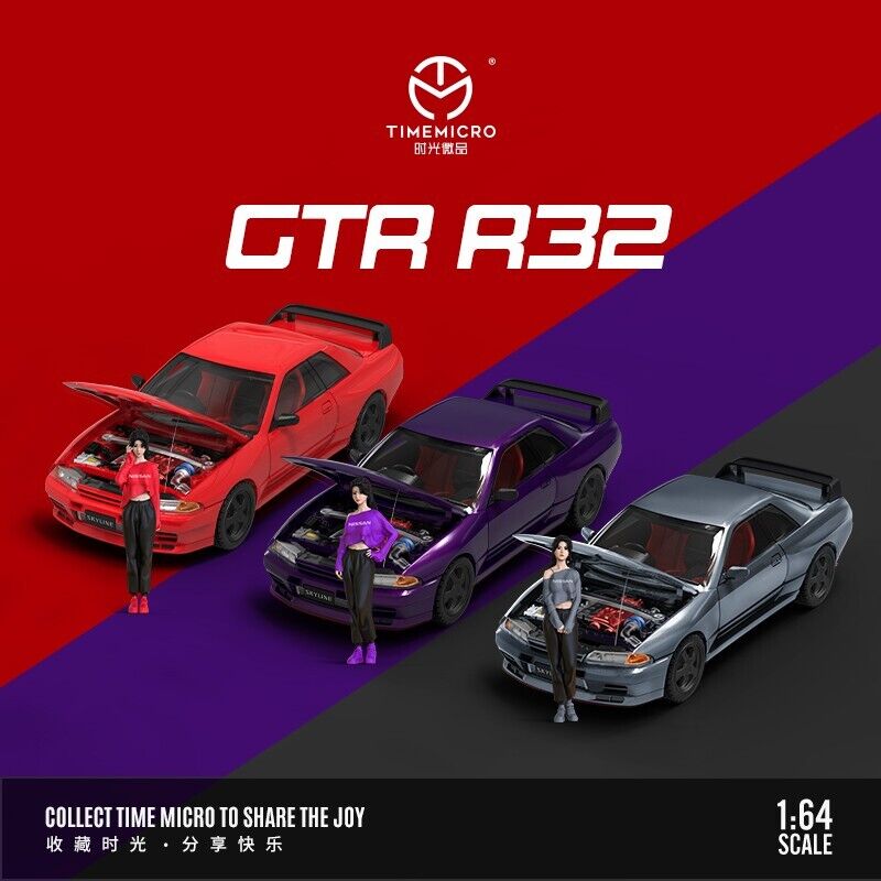 Time Micro 1/64 Nissan Skyline GT-R R32 Open Bonnet Engine Hood Metallic Red w/ Model Girl Miniature Figure