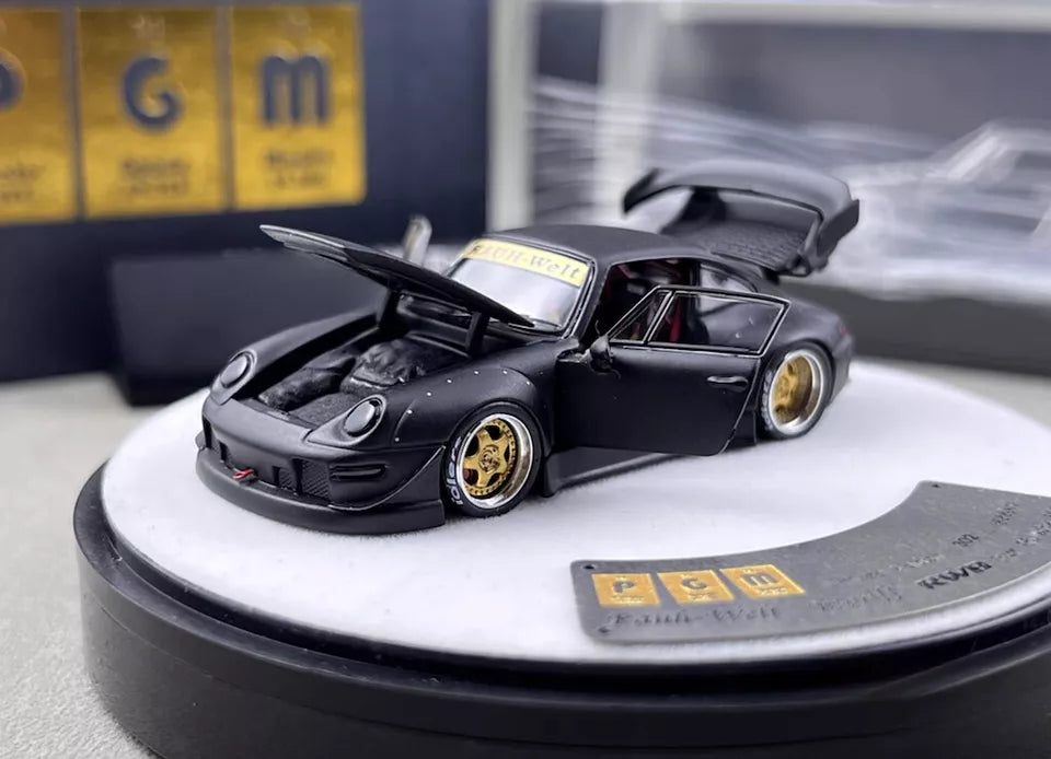 PGM 1:64 Porsche RWB 993 Wide Body Custom GT Wing Spoiler Matt Black Golden Wheels with All Openable Doors and Hoods Limited 999 Pieces Premium Round Box Packaging