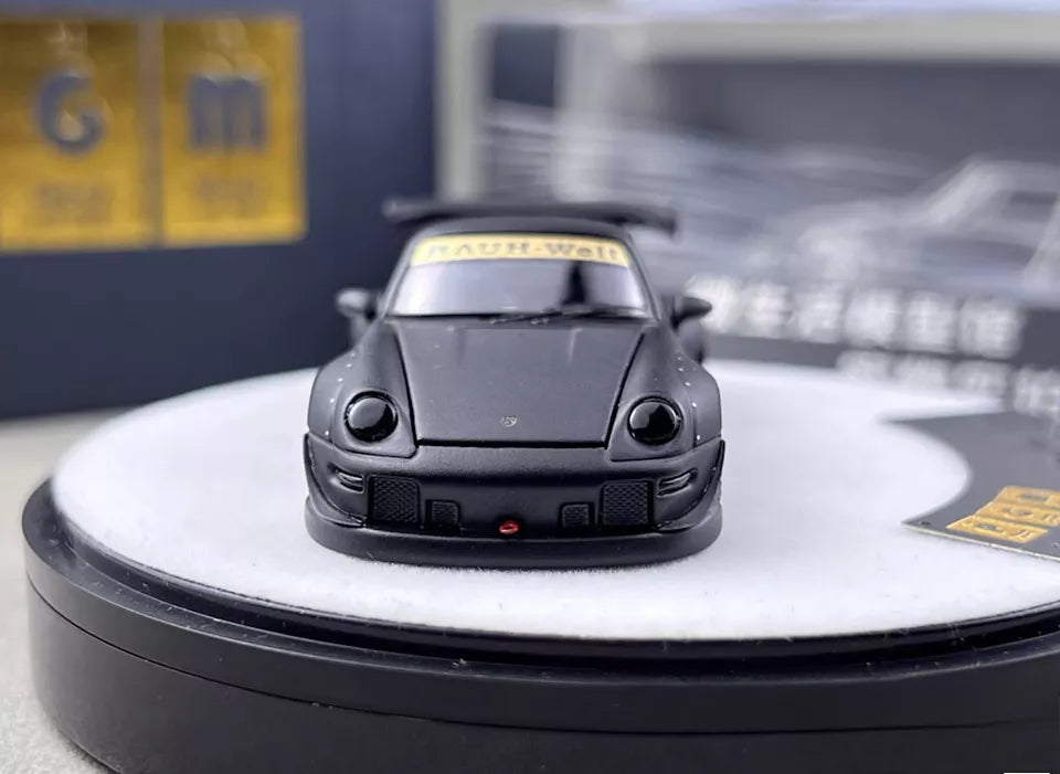 PGM 1:64 Porsche RWB 993 Wide Body Custom GT Wing Spoiler Matt Black Golden Wheels with All Openable Doors and Hoods Limited 999 Pieces Premium Round Box Packaging