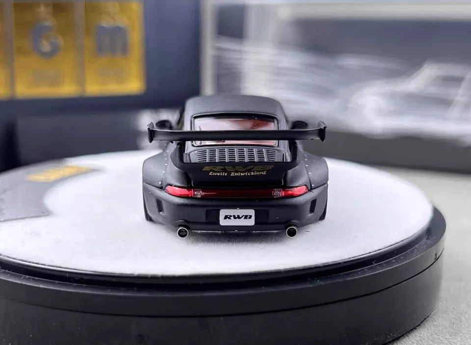 PGM 1:64 Porsche RWB 993 Wide Body Custom GT Wing Spoiler Matt Black Golden Wheels with All Openable Doors and Hoods Limited 999 Pieces Premium Round Box Packaging