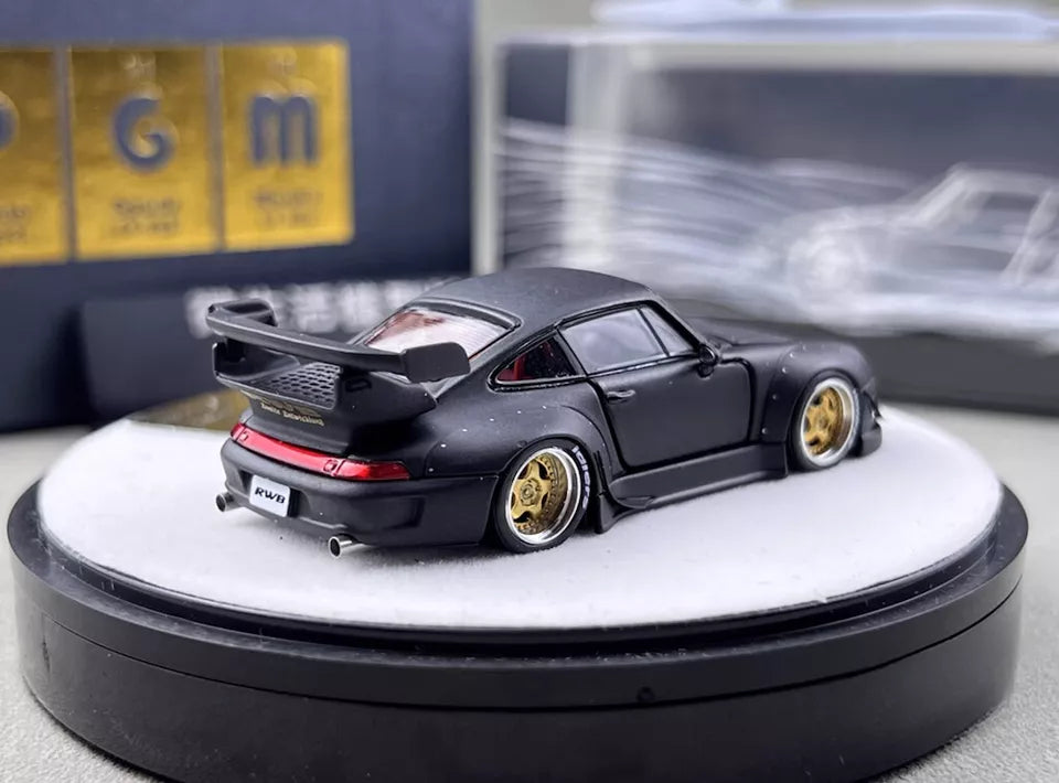 PGM 1:64 Porsche RWB 993 Wide Body Custom GT Wing Spoiler Matt Black Golden Wheels with All Openable Doors and Hoods Limited 999 Pieces Premium Round Box Packaging