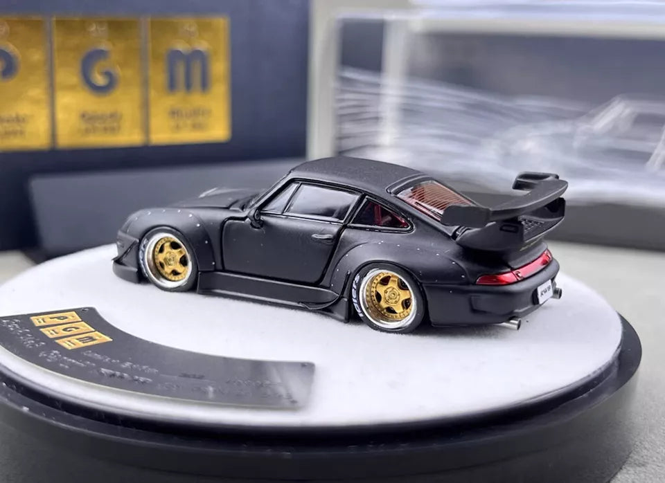 PGM 1:64 Porsche RWB 993 Wide Body Custom GT Wing Spoiler Matt Black Golden Wheels with All Openable Doors and Hoods Limited 999 Pieces Premium Round Box Packaging