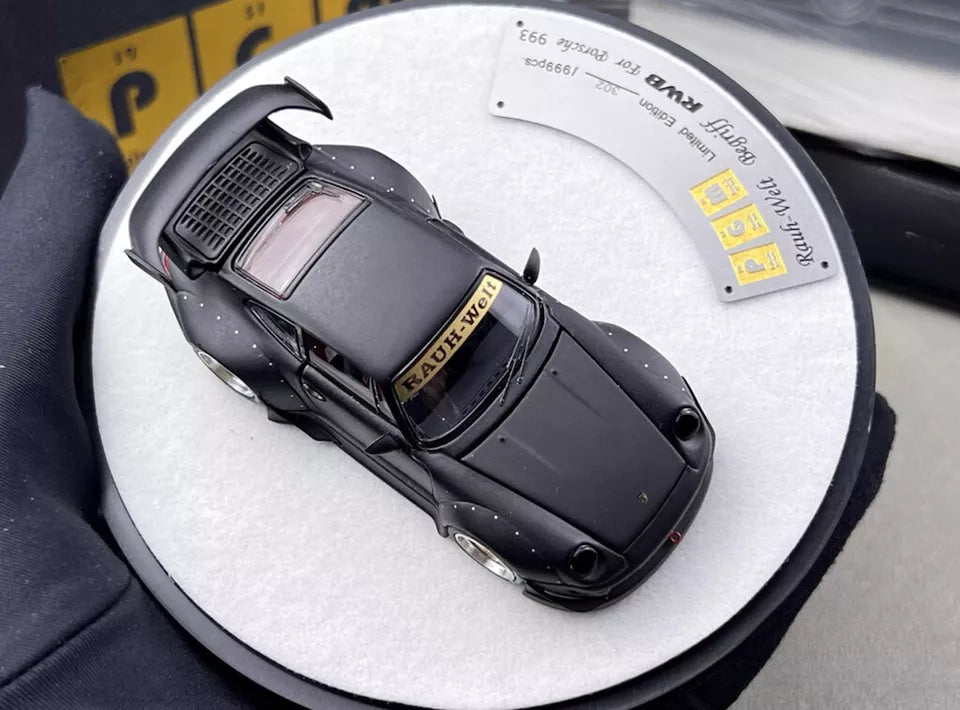 PGM 1:64 Porsche RWB 993 Wide Body Custom GT Wing Spoiler Matt Black Golden Wheels with All Openable Doors and Hoods Limited 999 Pieces Premium Round Box Packaging