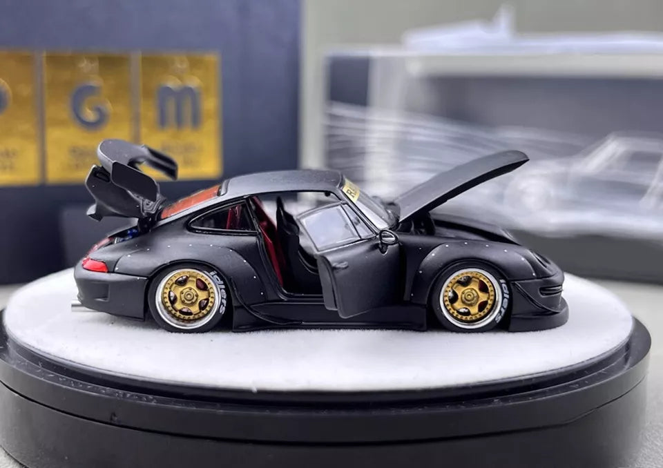 PGM 1:64 Porsche RWB 993 Wide Body Custom GT Wing Spoiler Matt Black Golden Wheels with All Openable Doors and Hoods Limited 999 Pieces Premium Round Box Packaging