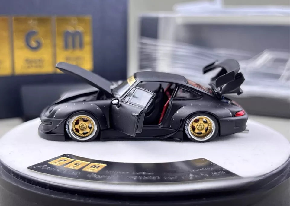 PGM 1:64 Porsche RWB 993 Wide Body Custom GT Wing Spoiler Matt Black Golden Wheels with All Openable Doors and Hoods Limited 999 Pieces Premium Round Box Packaging