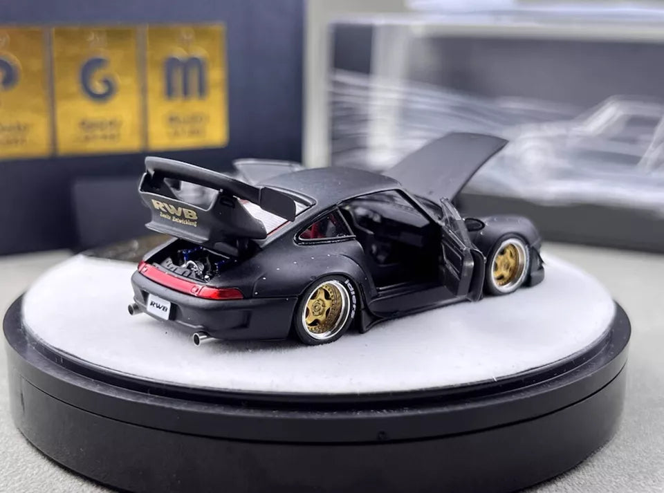 PGM 1:64 Porsche RWB 993 Wide Body Custom GT Wing Spoiler Matt Black Golden Wheels with All Openable Doors and Hoods Limited 999 Pieces Premium Round Box Packaging