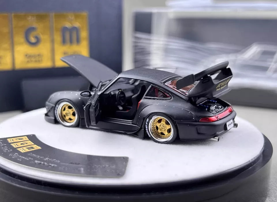 PGM 1:64 Porsche RWB 993 Wide Body Custom GT Wing Spoiler Matt Black Golden Wheels with All Openable Doors and Hoods Limited 999 Pieces Premium Round Box Packaging