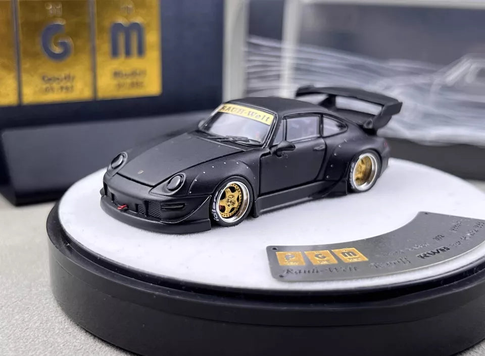 PGM 1:64 Porsche RWB 993 Wide Body Custom GT Wing Spoiler Matt Black Golden Wheels with All Openable Doors and Hoods Limited 999 Pieces Premium Round Box Packaging