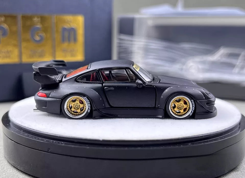 PGM 1:64 Porsche RWB 993 Wide Body Custom GT Wing Spoiler Matt Black Golden Wheels with All Openable Doors and Hoods Limited 999 Pieces Premium Round Box Packaging