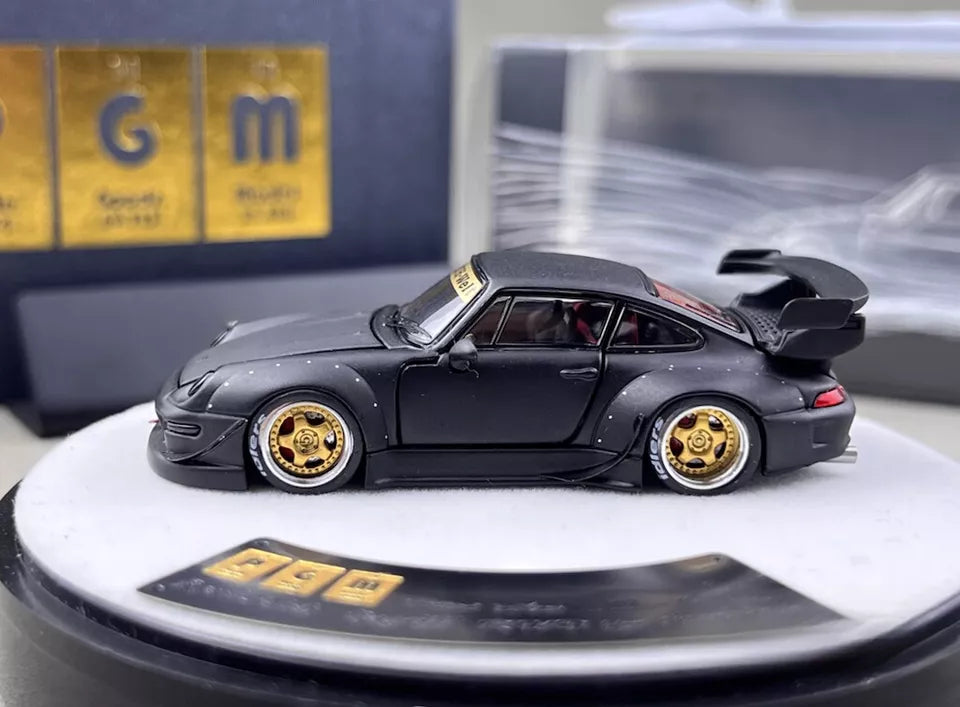 PGM 1:64 Porsche RWB 993 Wide Body Custom GT Wing Spoiler Matt Black Golden Wheels with All Openable Doors and Hoods Limited 999 Pieces Premium Round Box Packaging