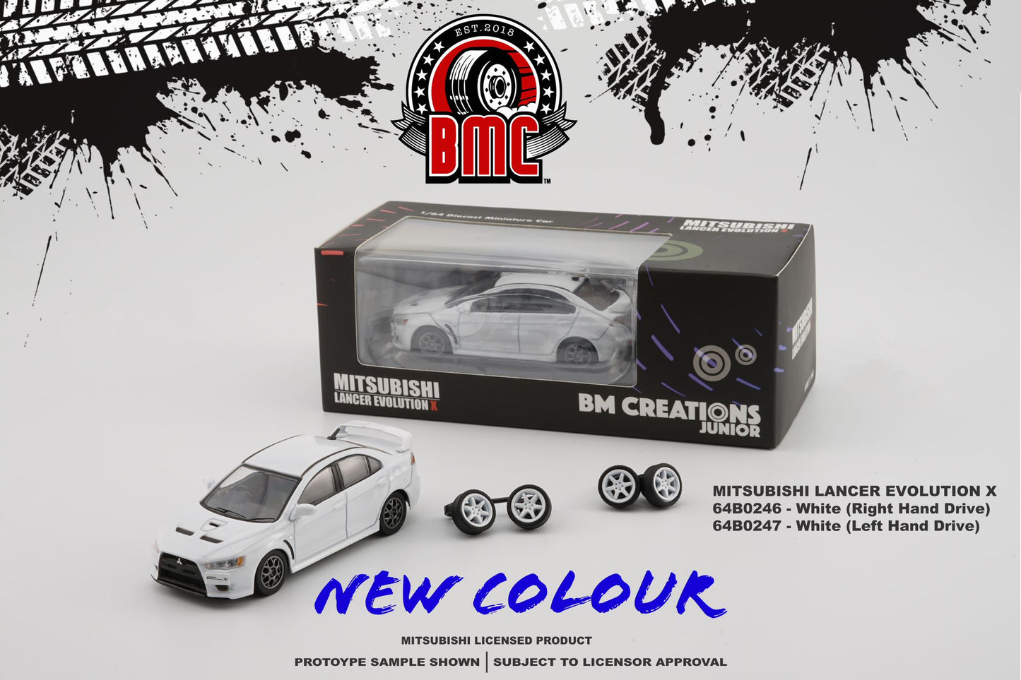 BM Creations 1/64 Mitsubishi Lancer Evolution X with 4 Additional Wheels-White (LHD)