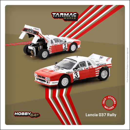 Tarmac Works 1/64 Lancia 037 Rally Rally Van Haspengouw 1985 #3 Winner- HOBBY64+