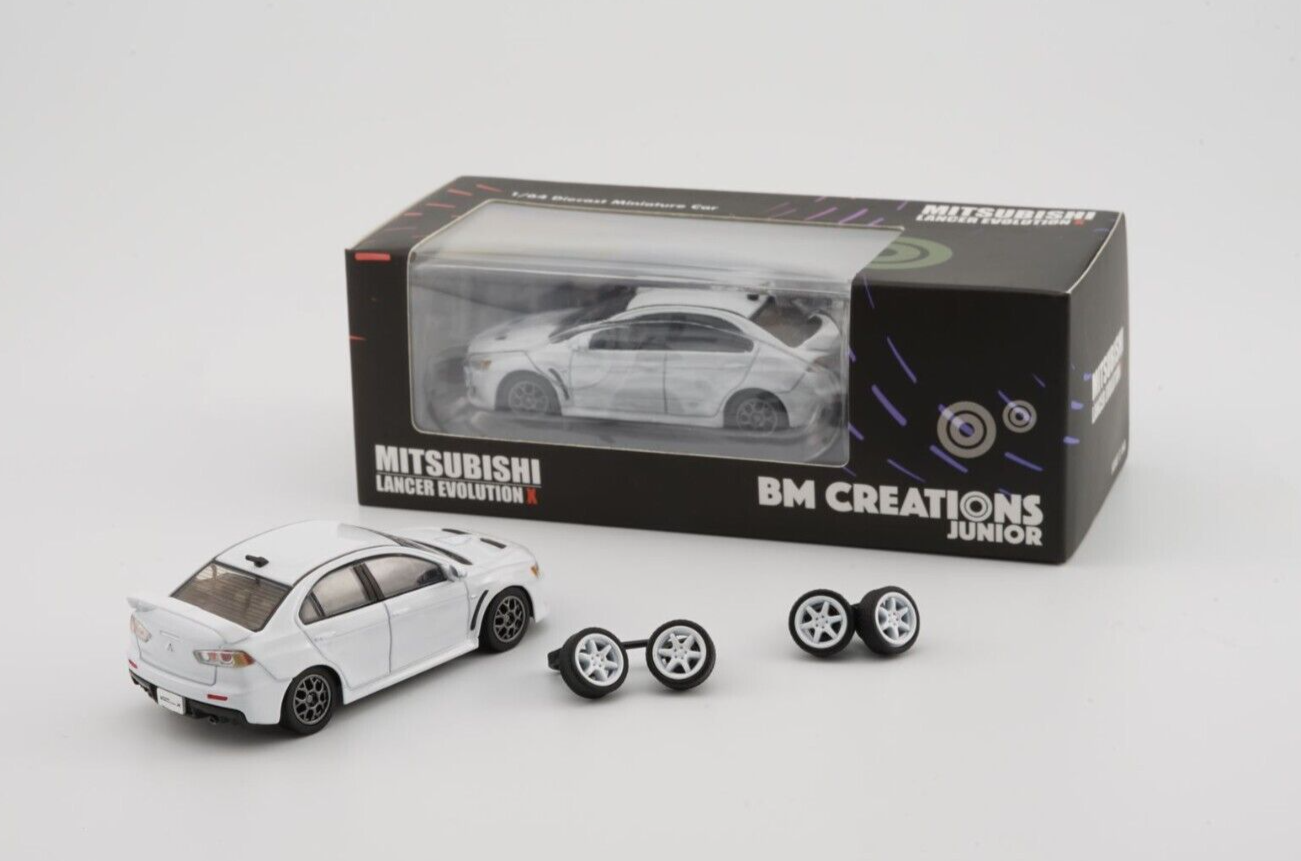 BM Creations 1/64 Mitsubishi Lancer Evolution X with 4 Additional Wheels-White (LHD)