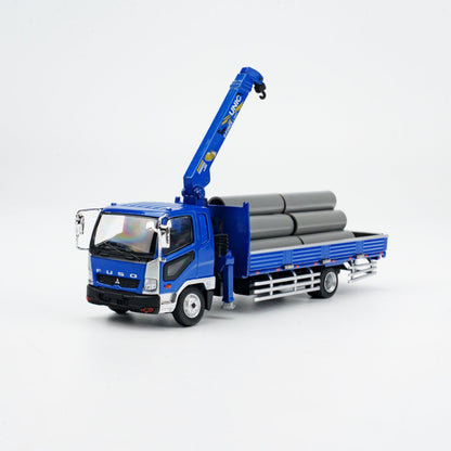GCD 1:64 Mitsubishi Fuso Fighter Boom Lifter Crane Truck Official Licensed Blue with 2 Bunches of PVC Pipes + 1 Metallic Sun Shade