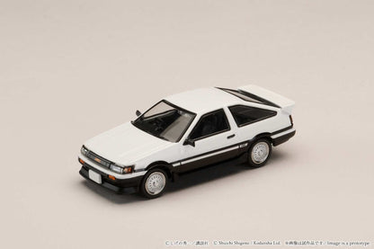 Hobby Japan x JDM64 1:64 Toyota COROLLA LEVIN (AE86) White with Silver Rims / INITIAL D Wataru Akiyama VS Keisuke Takahashi (with 2 Collector Cards)