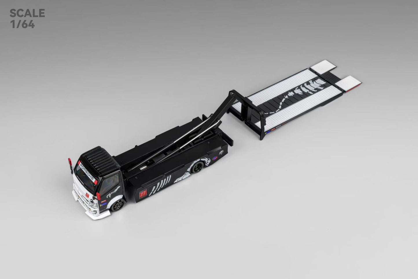 Micro Turbo 1:64 Mega Gear Hino 300 Series MK2 Custom Extendable Tow Truck Flatbed Livery Skeleton Dinosaur Black and White