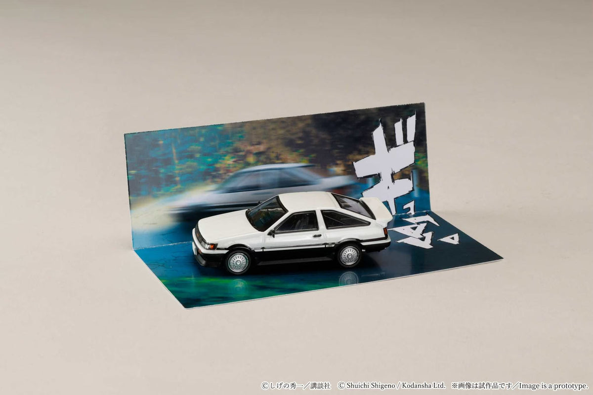 Hobby Japan x JDM64 1:64 Toyota COROLLA LEVIN (AE86) White with Silver Rims / INITIAL D Wataru Akiyama VS Keisuke Takahashi (with 2 Collector Cards)