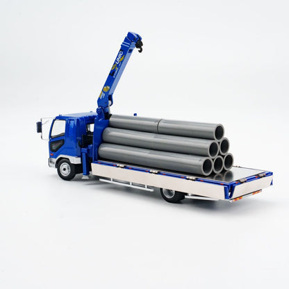 GCD 1:64 Mitsubishi Fuso Fighter Boom Lifter Crane Truck Official Licensed Blue with 2 Bunches of PVC Pipes + 1 Metallic Sun Shade