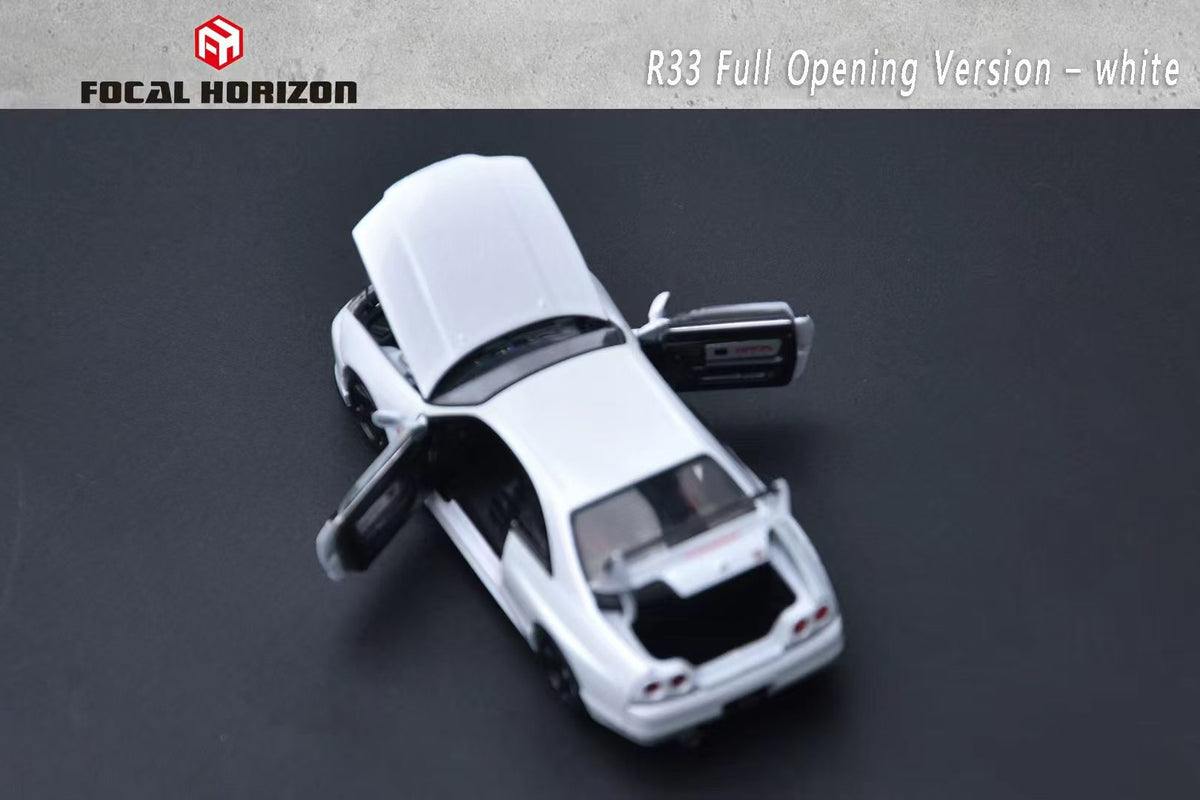 Focal Horizon 1:64 GT-R R33 Skyline BCNR33 Original White with Decal Stickers (ALL OPEN Doors and Hoods with Detailed Engine) Premium Case and Box Packaging