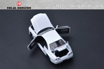 Focal Horizon 1:64 GT-R R33 Skyline BCNR33 Original White with Decal Stickers (ALL OPEN Doors and Hoods with Detailed Engine) Premium Case and Box Packaging