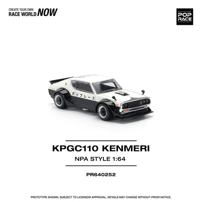 Pop Race 1:64 Nissan Skyline GT-R KPGC110 V8 Drift Kenmeri White Black NPA Style Opening Front and Rear Detailed Engine (PR640252)