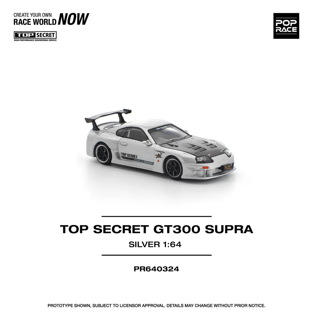 Pop Race 1:64 Top Secret GT300 Supra A80 Silver Carbon Hood Openable Front Hood Detailed Engine (PR640324)