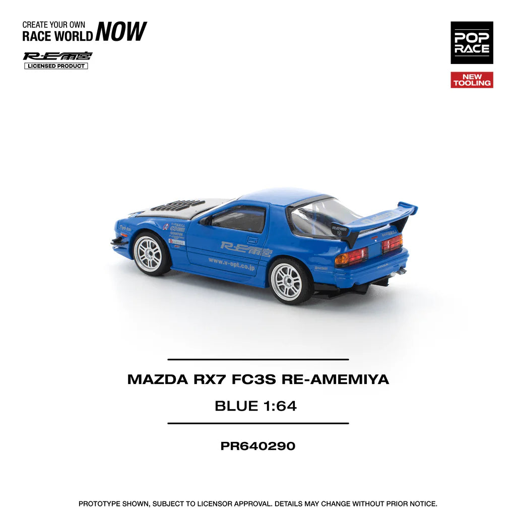 Pop Race 1:64 Mazda RX-7 FC3S Re-Amemiya Blue Openable Front Hood Detailed Engine (PR640290)