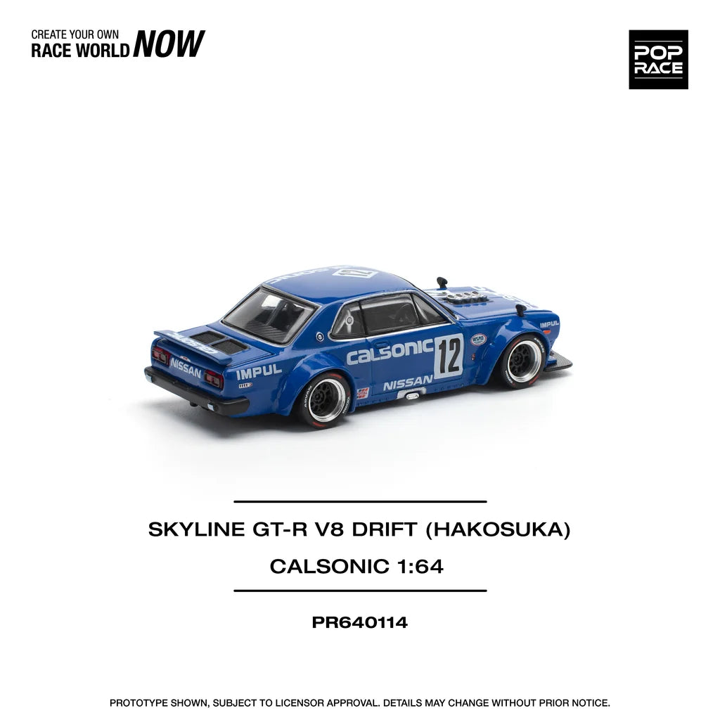 Pop Race 1:64 Skyline GT-R KPGC10 V8 Drift Hakosuka Calsonic #12 Opening Front and Rear Detailed Engine (PR640114)